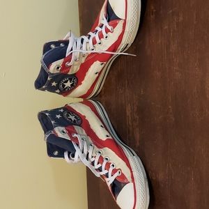 Unisex red, white and blue high top converses
